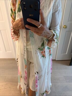 White Floral Button-Front Boho Duster